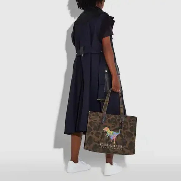 NWT Rare Coach Camo Rainbow Rexy Dinosaur Leather Tote Purse Canvas Case bag FOB - Picture 11 of 11